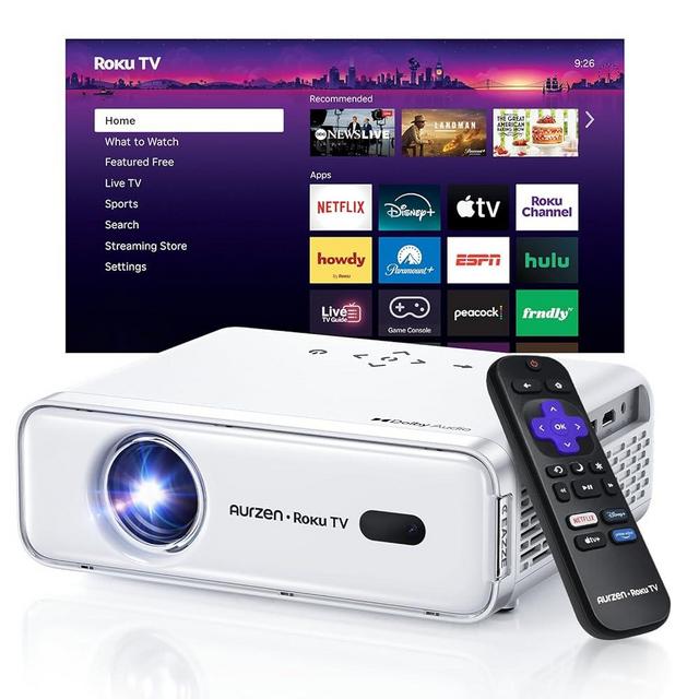 Aurzen Roku TV Smart Projector with Wifi and Bluetooth, Roku Streaming Experience Built-in, 1080P FHD, Dolby Audio, Auto Focus & Keystone, Zoom, Movie Portable Outdoor Mini Projector, White