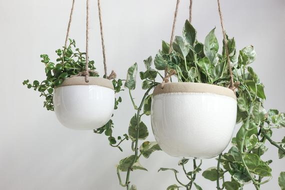 Boho Ceramic Hanging Planter Pot in White and Beige