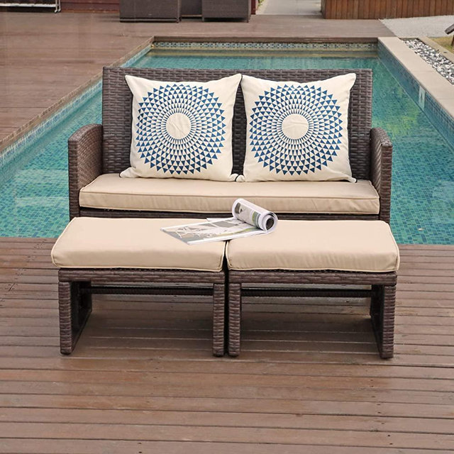 OC Orange-Casual 3 Piece Patio Furniture Set Outdoor Conversation Set All-Weather Wicker Loveseat with Ottoman/Side Table, Brown Rattan, Beige Cushion