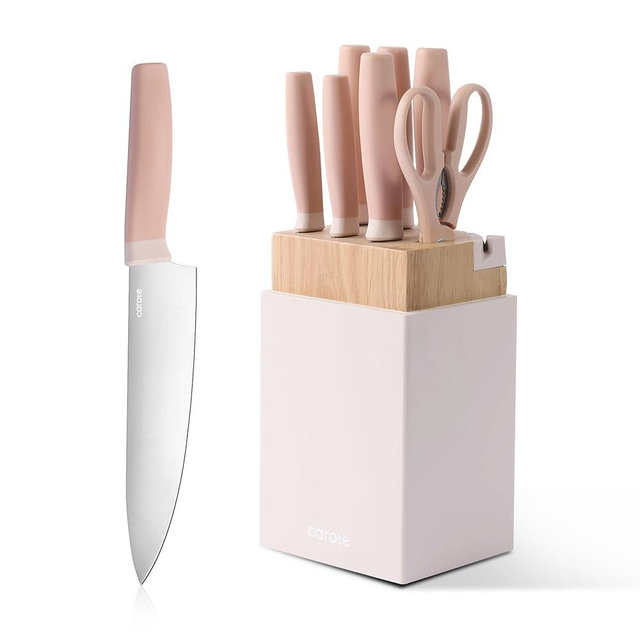 CAROTE 9 Pieces Kitchen Knife Block Set with Sharpener, Dishwasher Safe Knives for Kitchen, Forged Cutlery with Razor-Sharp Stainless Steel Blades, Pink