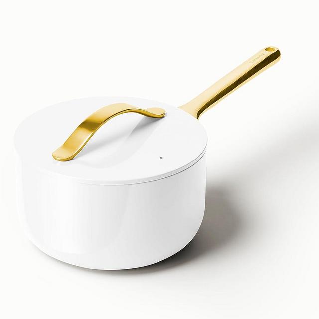 Caraway Nonstick Ceramic Sauce Pan with Lid (1.75 qt) - Non Toxic, PTFE & PFOA Free - Oven Safe & Compatible with All Stovetops (Gas, Electric & Induction) - White