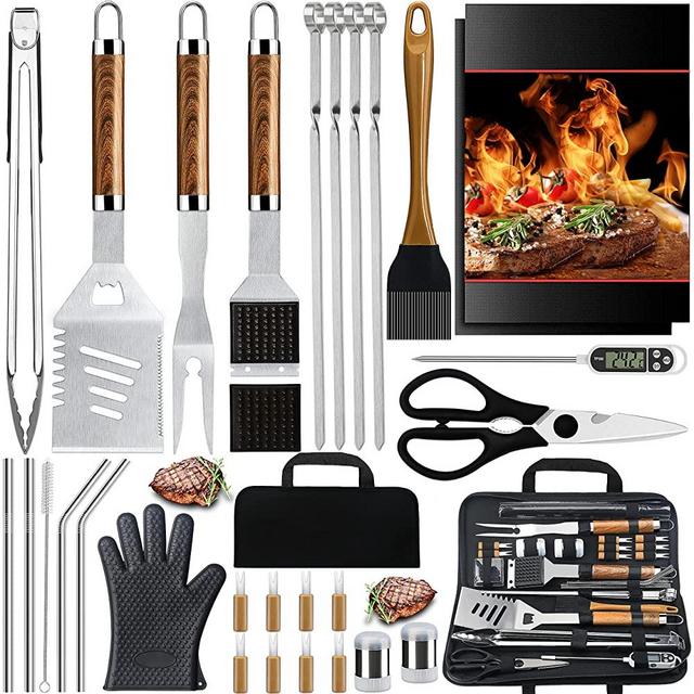 Grilljoy 31PC Heavy Duty BBQ Grilling Accessories Grill Tools Set - Stainless Steel Grilling Kit with Storage Bag for Camping, Tailgating - Perfect Barbecue Utensil Gift for Men Women
