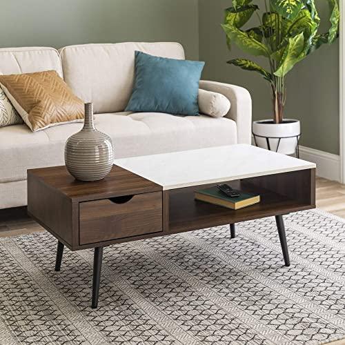 Walker Edison Mid Century Modern Coffee Table with Drawer Living Room Ottoman Storage Shelf, 42 Inch, Dark Walnut/Marble