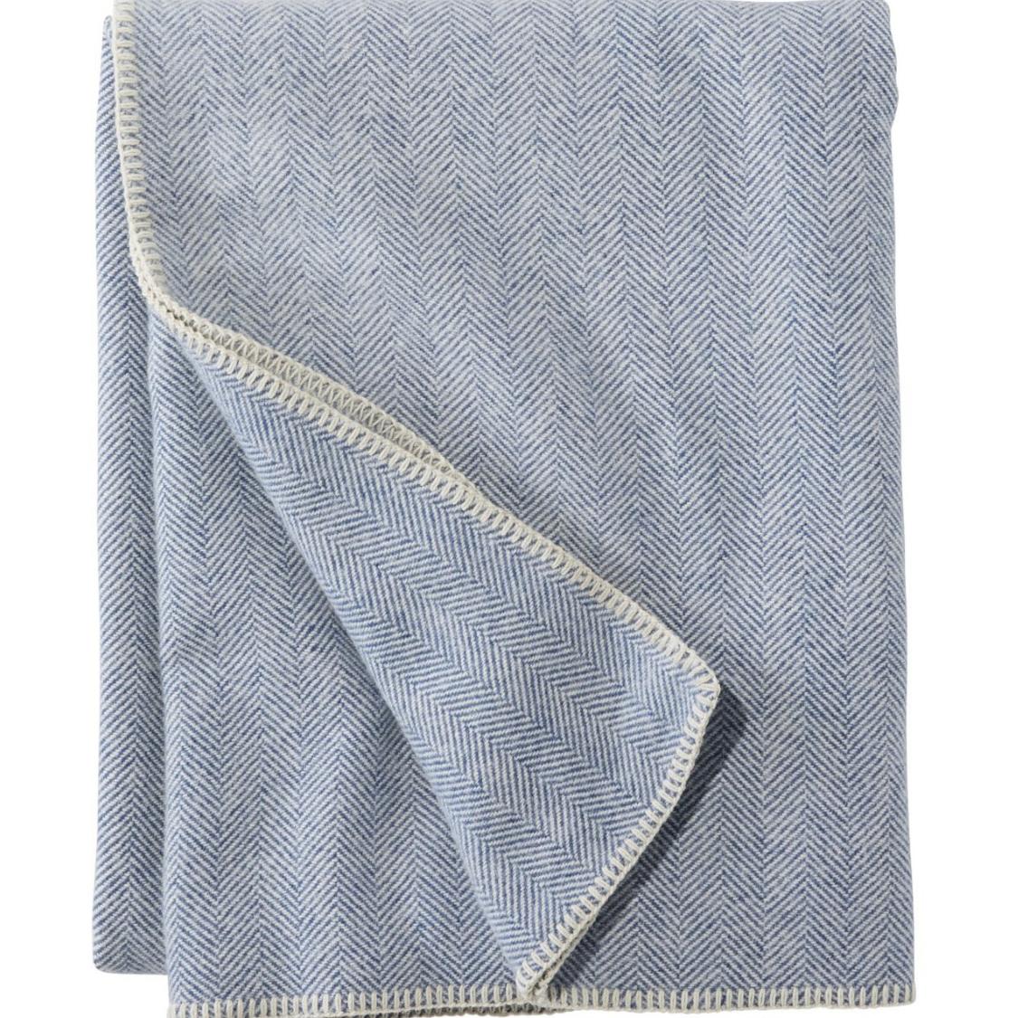 Washable Wool Blanket, Herringbone in Blue/Cream, Queen Size