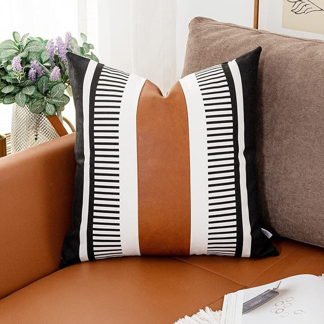 Vfuty Farmhouse Throw Pillow Covers for Couch Sofa Decorative Faux Leather Square Cushion Cover Tribal Stripe Accent Pillow Case 20 x 20 Inch, Black