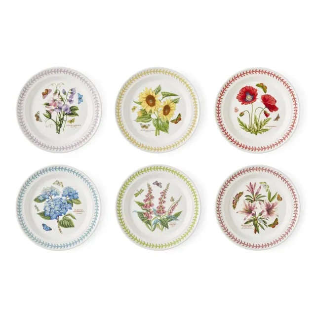 Portmerion Botanic Garden Meadow - 10.5" Round Dinner Plates , Assorted Florals with Colorful Laurel Leaf Border, Earthenware