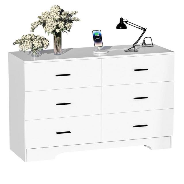 VEKOO Dresser with Power Outlets Wooden 6 Drawer Dresser with USB and Type C Port Chest of Drawers for Bedroom Tall White Dresser Storage for Living Room Hallway Closet