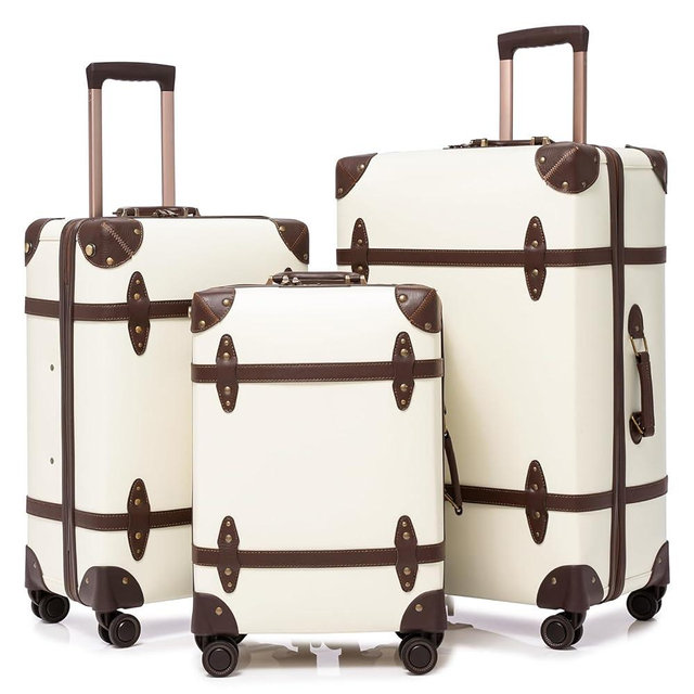 NZBZ Vintage Luggage Sets for Women Durable Retro Trunk Luggage Vintage Suitcase Set, Antique luggage set with Leather Accents (White, 20inch & 24inch & 28inch)