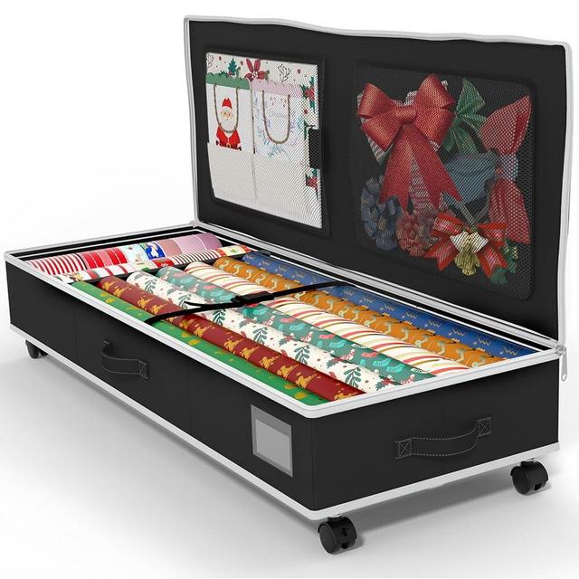 GoMaihe Wrapping Paper Storage with Wheels: Under-bed Gift Wrap Organizer & Container for Christmas Paper Ribbon Accessories | Pockets & Adjustable Dividers | Easy Pull-out | Heavy-duty | Black