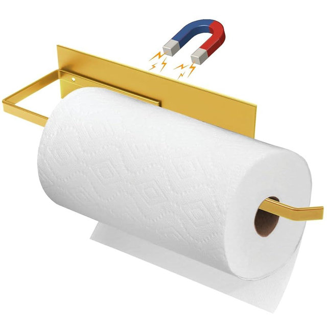 Gold Paper Towel Holder, Magnetic Paper Towel Holder for Fridge, Toilet Paper Roll Holder Magnet Towel Rack Wall Mount Fridge Organizer for Paper Towels Rolls Bathroom Pantry RV Kitchen Storage Golden