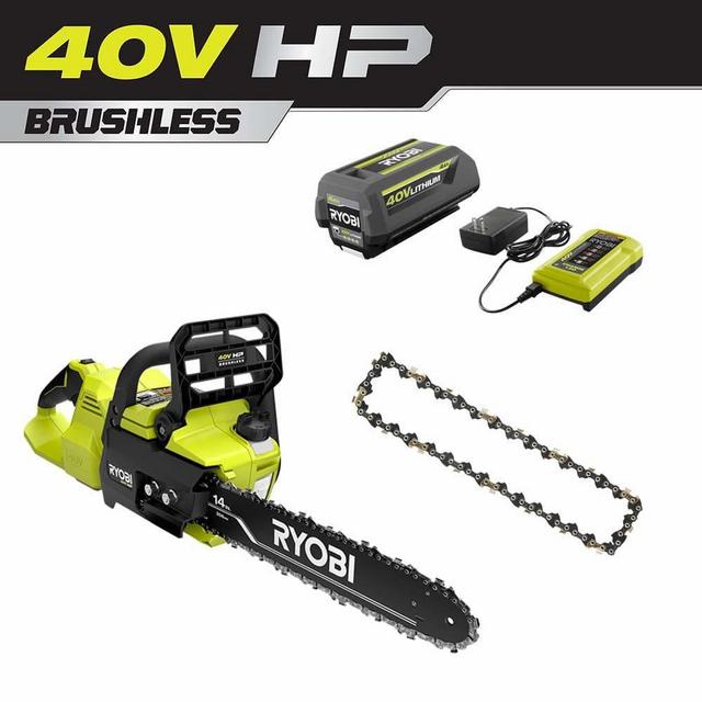 RYOBI 40V HP Brushless 14 in. Electric Cordless Chainsaw and Extra Chain with 4.0 Ah Battery and Charger RY405100-AC - The Home Depot