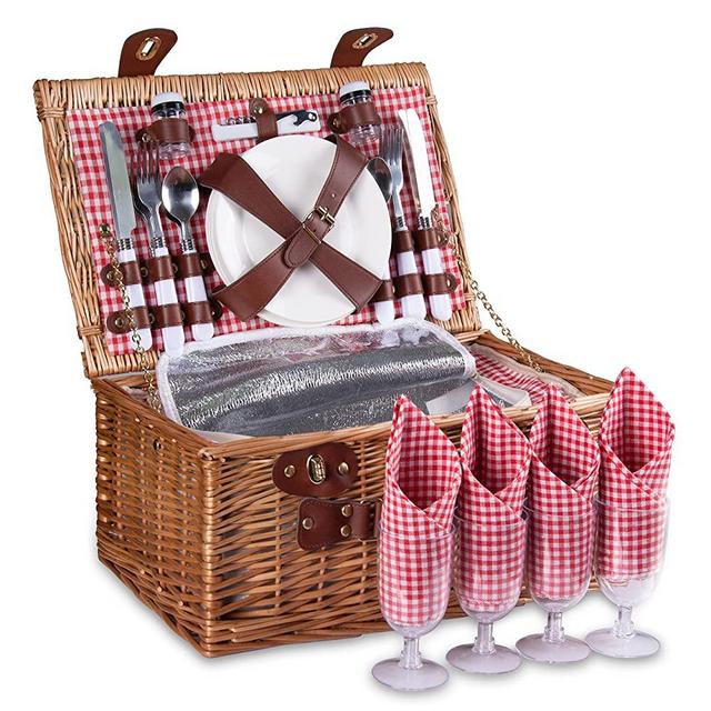 Picnic Basket for 4 Wicker Picnic Set with Insulated Liner for Camping,Wedding,Valentine Day,Gift - Reinforced Handle, Red