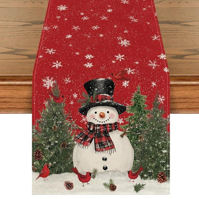 Artoid Mode Snowman Christmas Birds Trees Table Runner, Seasonal Winter Xmas Holiday Kitchen Dining Table Decoration for Indoor Outdoor Home Party Decor 13 x 108 Inch