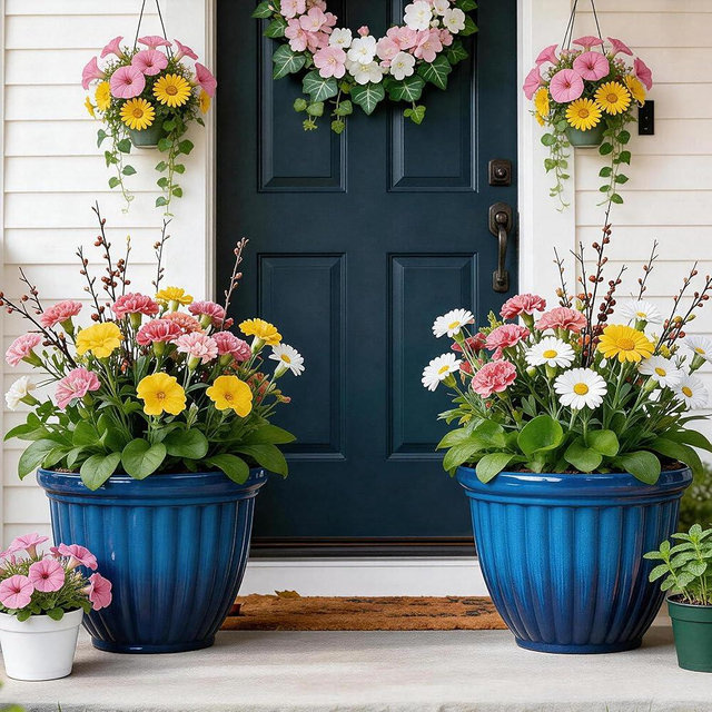 Autodaya 15" Large Flower Pots, Set of 2 Plastic Planters for Outdoor Indoor Plants with 3D Textures, Weather-Resistant for Porch, Garden, Patio or Indoor Use, Gradient Cobalt Blue
