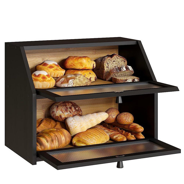 BMOSU Bread Box for Kitchen Bread Storage And Organizer Farmhouse Countertop Bread Container With Frosted Glass Window Breadbox Double Layer Bamboo Wooden Extra Large Capacity Bin Kitchen Food Storage Container(Trapezoid Black)Self-Assembly