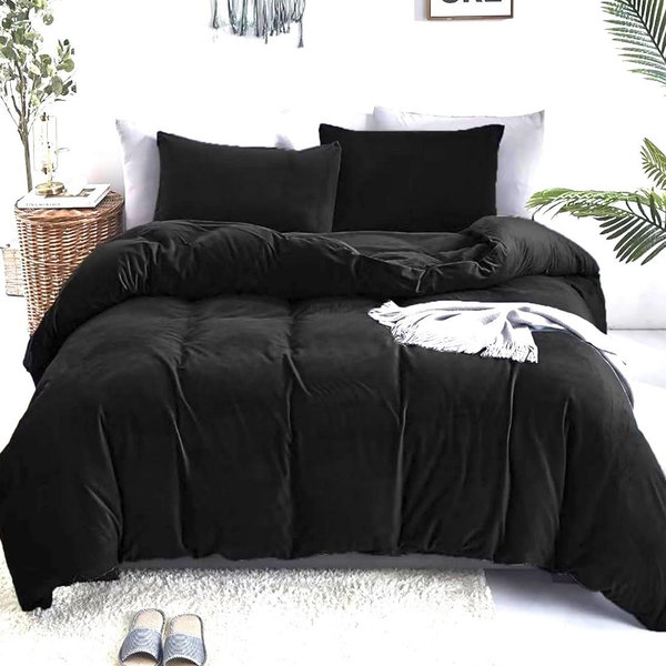 Luxlovery Black Velvet Comforter Set - Cal King Men Plush Fluffy Bedding - Modern Winter Warm Flannel Comforter Set