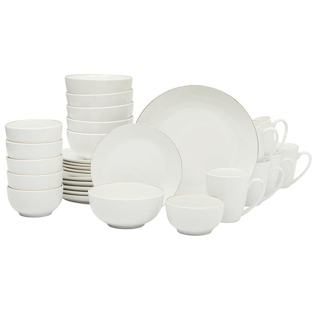 Gibson Home Ogalla 30 Piece Plates, Bowls, & Mugs Dinnerware Set - Service for 6 - White Porcelain W/Gold Band