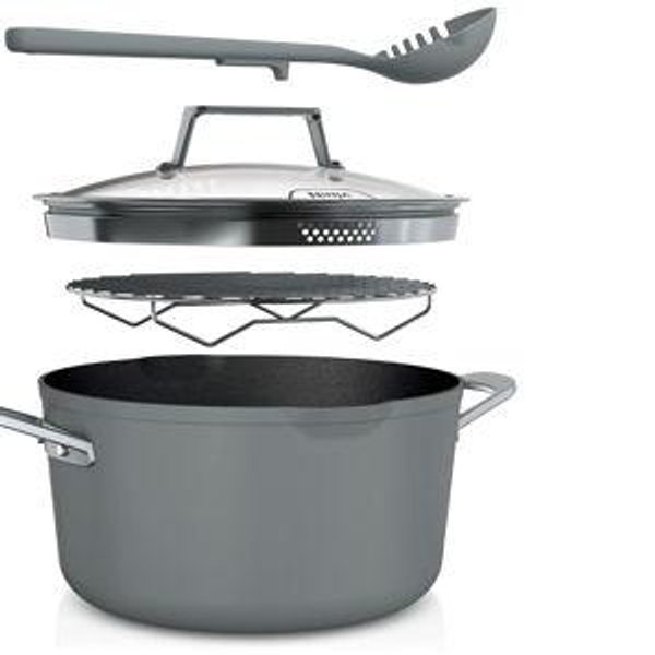 Ninja CW202GY Foodi NeverStick PossiblePot, Premium Set with 7-Quart Capacity Pot, Roasting Rack, Glass Lid & Integrated Spoon, Nonstick, Durable & Oven Safe to 500°F, Sea Salt Grey