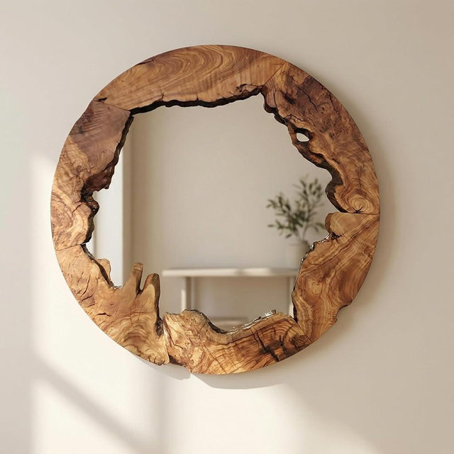 Live Edge Olive Wood Mirror - Round Rustic Wall Decor for Entryway & Bathroom, Solid Wood Circle Mirror, Organic Modern Farmhouse Aesthetic, Premium Natural Grain Decorative Accent, 16"