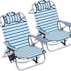 2 Pack Lightweight Portable Camping Beach Chair for Adults, Outdoor Lay Flat Folding Beach Chairs with 5 Positions, Backpack Beach Chair with Towel Bar, Zipper Pouch, Cup Holder, White Striped