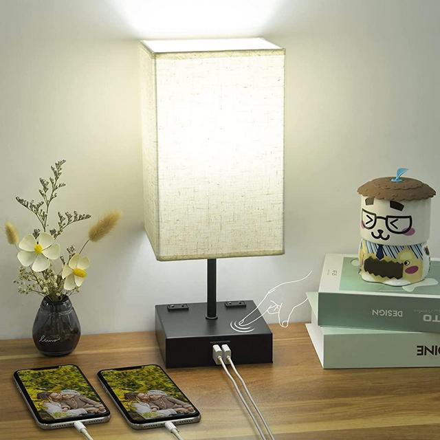 3-Way Dimmable Touch Control Bedside Lamp,Cotanic Table Lamp for Bedroom,2 USB Charging Ports,2 AC Outlets,Cuboid Fabric Lampshade,Decorative Nightstand Lamp,5000K Daylight E26 LED Bulb Included