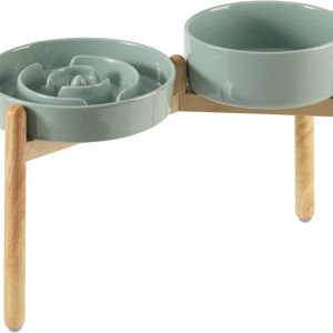 Havniva 9.5” Raised Slow Feeder Dog Bowls Set, 3.2 Cups Ceramic Slow Feeder Dog Bowl and 8.2” Dog Water Bowl with Elevated Wooden Stand Puzzle Dog Food Bowl for Large Dogs Anti-Gulping & Anti-Choking