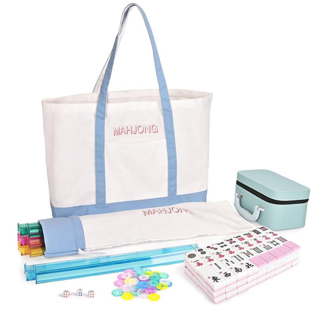 TheClouds American Mahjong Tile Set, 166 Pink Tiles (1.16"), 4 PC All-in-One Color Rack/Pushers, Canvas Storage Bag and Mahjong Accessories, Portable/Complete Mahjong Game Set