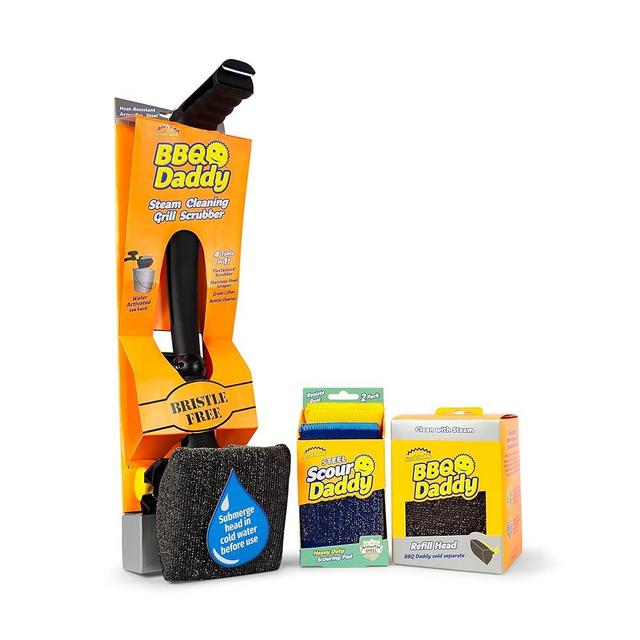 Scrub Daddy BBQ Bundle - BBQ Daddy with Refill + Scour Daddy Steel (2ct) - Bristle-Free Grill Scraper + Scrub Brush - Cut Through Charred Buildup with Stronger, Temperature Controlled Scrubbing Power