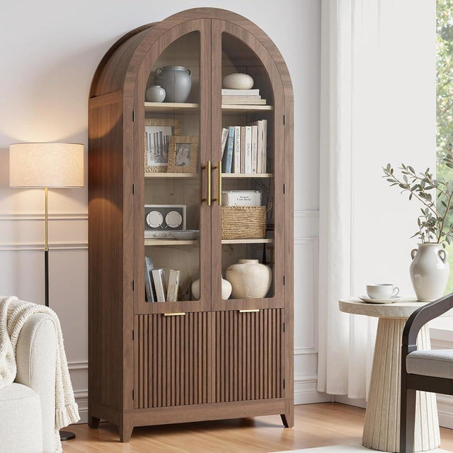 win2win Tall Arched Cabinet with Glass Doors, 69" Pantry Storage Cabinets with Fluted Doors & Adjustable Shelves, Mid Century Modern Wood Display Bookcase for Kitchen, Living Room, Bathroom, Walnut