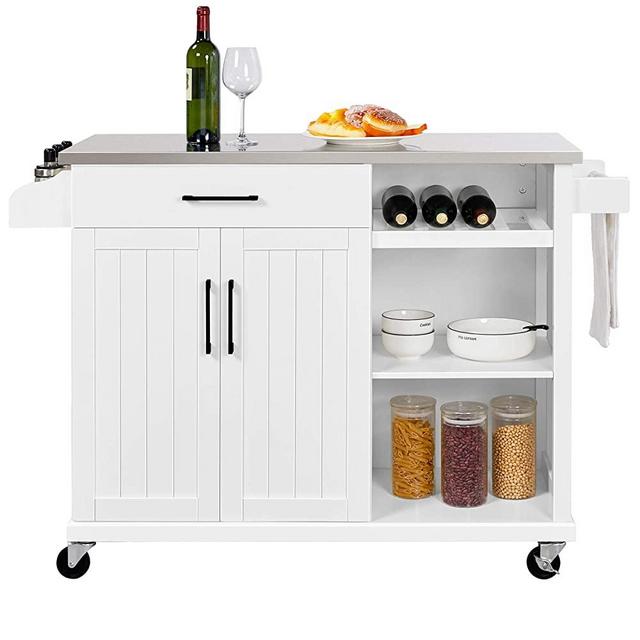 YAHEETECH Kitchen Cart with Stainless Steel Top, Kitchen Island on Wheels with Drawer and Cabinet, Open Shelves and Spice Rack Towel Rack, White
