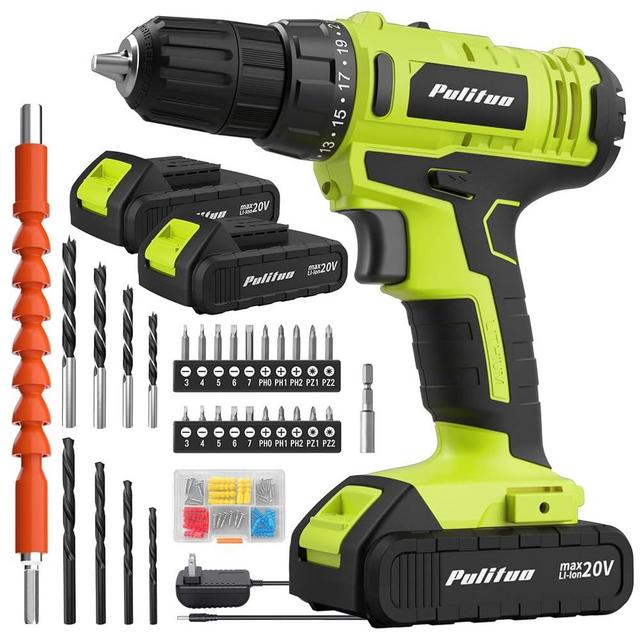 PULITUO 20V Cordless Drill/Driver, 2 Batteries Electric Screwdriver, 30Nm Power Drill Driver, 21+1 Torque, 2 Speed, 3/8"Keyless Chuck, power Drill with LED Light, Drill Driver Kit for Home (Green)