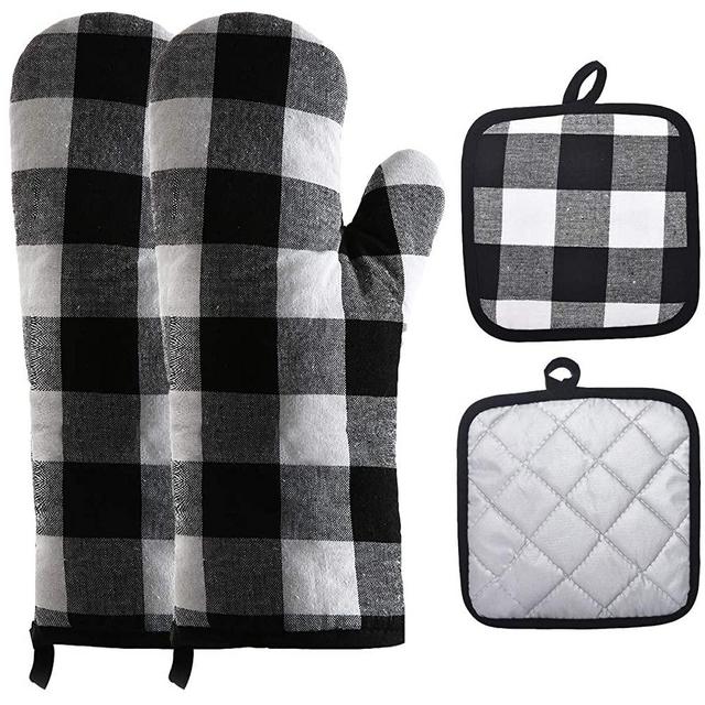 Win Change Oven Mitts and Pot Holders-Oven Mitts and Potholders Soft Cotton Plaid Design Lining Non Slip Oven Mitt Set for Kitchen Cooking Baking Grilling(4-Piece Set,Black/White)