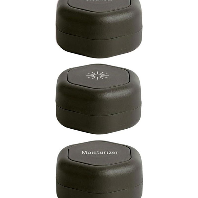 Cadence Travel Containers - Basic Skincare Set - Magnetic Travel Capsules - Facial Cleanser, Moisturizer, Sunscreen - 3 Small Capsules (0.56oz) with Cleanser, Moisturizer & Sun-Icon Labels - Charcoal
