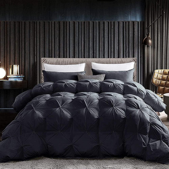 Luxurious Goose Down Feather Fiber Comforter Duvet Insert, Exquisite Pinch Pleat Black Design, Oversize Palatial King 120 x 98 , Premium Baffle Box 100% Egyptian Cotton, 90 oz Fill Weight