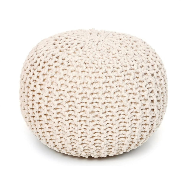· REDEARTH · Round Pouf Ottoman - Cable Knitted Boho Poof - Home Décor Cord Pouffe Handmade Circular Footrest for Living Room - Bedroom - Kids Bedroom - 100% Cotton Pouf (19.5"x19.5"x14") - Natural