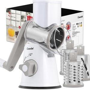 Geedel Rotary Cheese Grater Cheese Shredder - Upgraded 5-in-1 Cheese Grater with Handle and Strong Suction Base, Multi-purpose Vegetable Slicer Ice Shaver Nuts Grinder for Ice, Vegetables, Fruit, Nuts