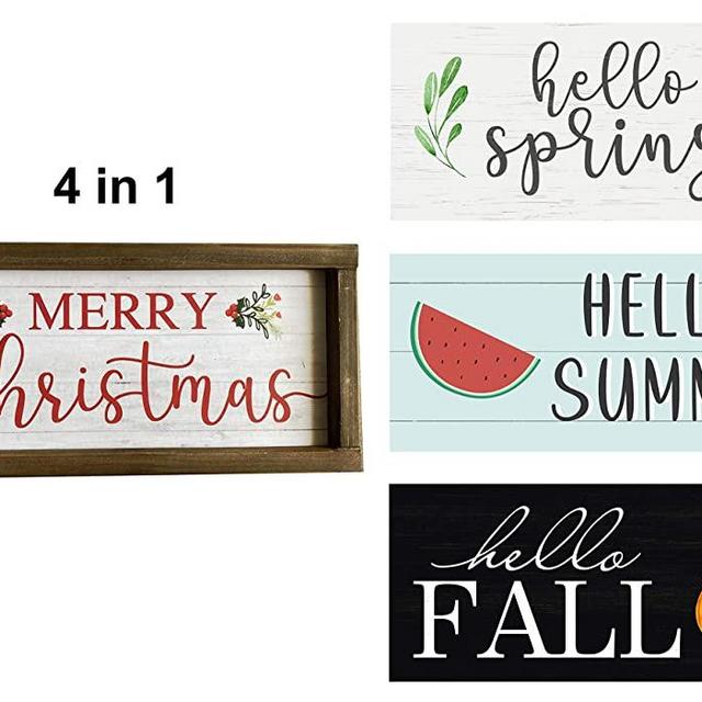Hello Spring Hello Summer Hello Fall Merry Christmas 4 in 1 Christmas Wood Wall Sign For Spring Decoration Easter Wall Décor Sign Thanksgiving Farmhouse Signs Seasonal Plaque 15 x 7 inches