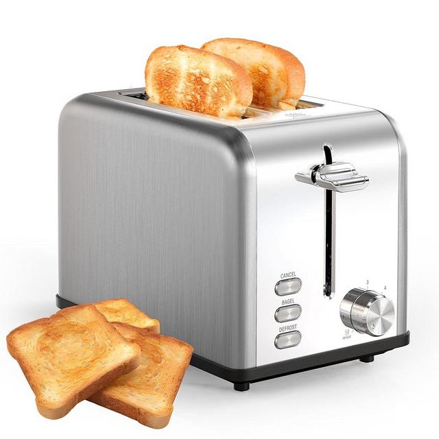 Simple Deluxe 2-Slice Toaster, 6 Browning Setting and 3 Function Stainless Steel Toaster, Extra Wide Slot & Removable Crumb Tray, for Bread & Waffle, Silver