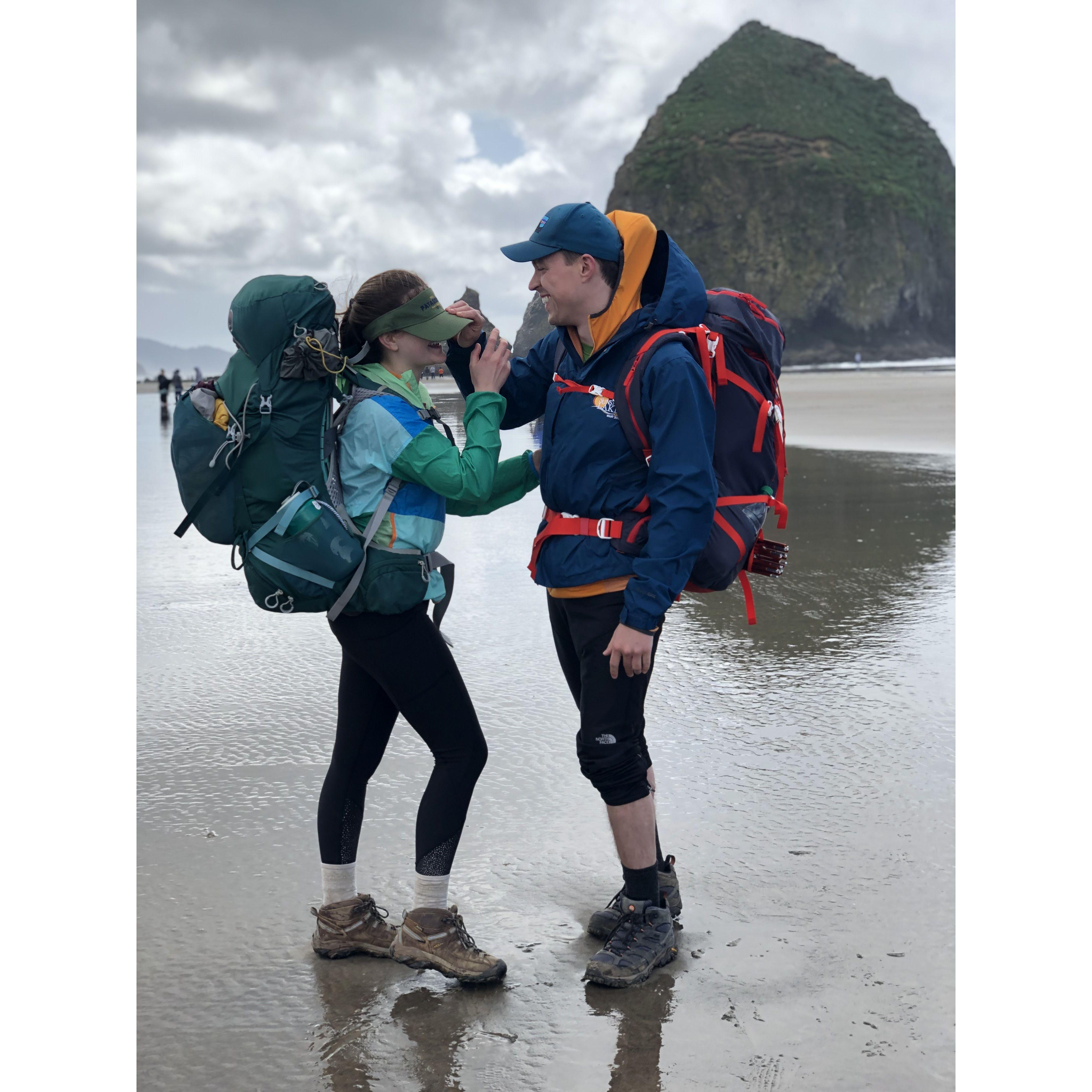 Backpacking the Oregon coast together in 2019.