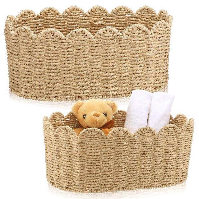 Kritkin 2 Pcs Scalloped Basket Hand Woven Scallop Basket 16 x 10 x 7 Inch and 14 x 8 x 6 Inch Scalloped Wall Basket Scalloped Imitation Hemp Rope Basket Scalloped Decoration Basket