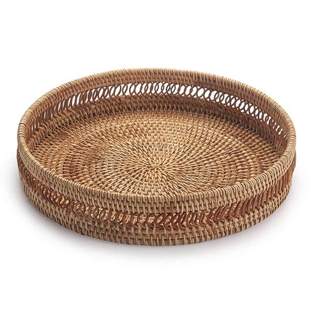 DOKOT Rattan Round Woven Fruit Basket, Handmade Tabletop Storage Holder Tray, Table Organizer or Home Decoration (11.8 inch)