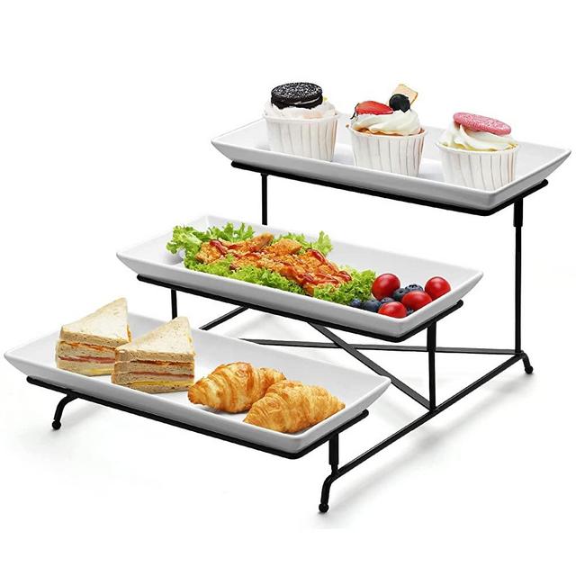Yedio 3 Tier Serving Tray Set 14 Inch Porcelain Tiered Serving Trays Platters, Collapsible Sturdier Stand with Stable Cross Bars, Three Layer Serving for Party Entertaining Food Display Fruit Dessert