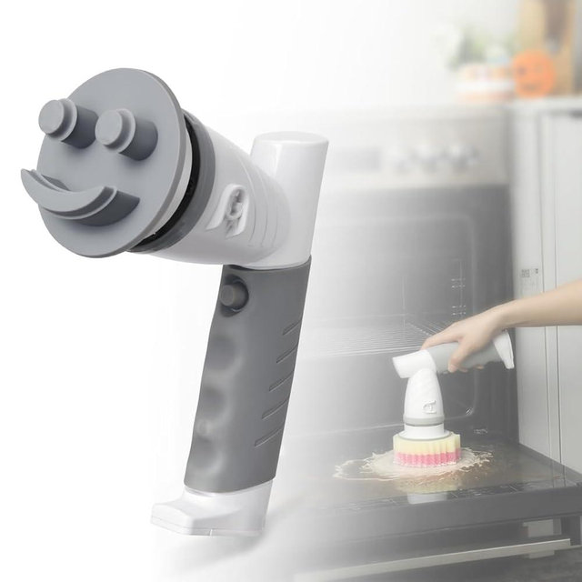 LANMU Electric Wand Compatible with Scrub Daddy/Mommy Sponges, Smiley Face Sponge Handle for Cleaning Oven, Stove, Sink, with 5 Replacement Brush Heads