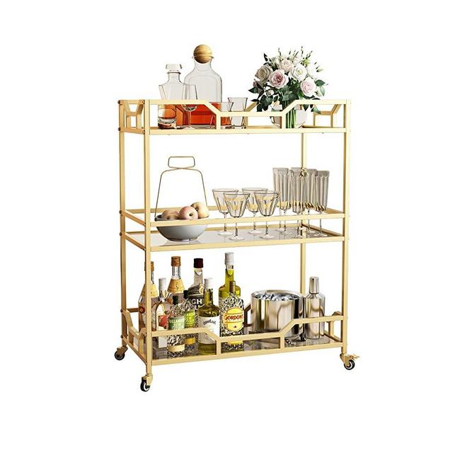 OuQinDesign Square Gold Bar Carts with 3 Tier Storage Shelves Wine Glass Holder Home Serving Rolling Bar Carts on Wheels for Kitchen, Bar, Dinning Room