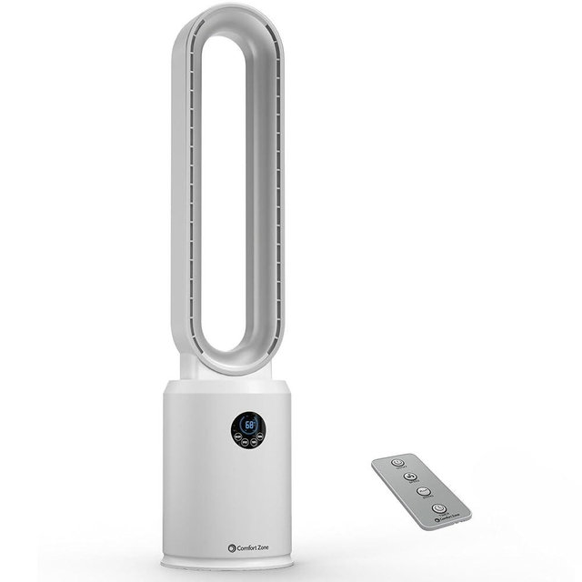 Comfort Zone Tower Fan for Bedroom, 40 inch Bladeless Stand Fan with Remote Control, 9H Timer, Wide Area Oscillation, Push Button Digital Display, 3 Speed Home Floor Fan, White/Silver