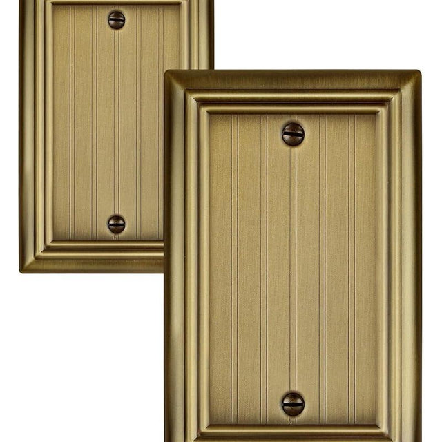 ZILLSEA 2-Pack Antique Brass Blank Wall Plate Covers, Metal Blank Outlet Cover Plate, Classic Beadboard Design, 3.15''*4.88'', Midsize