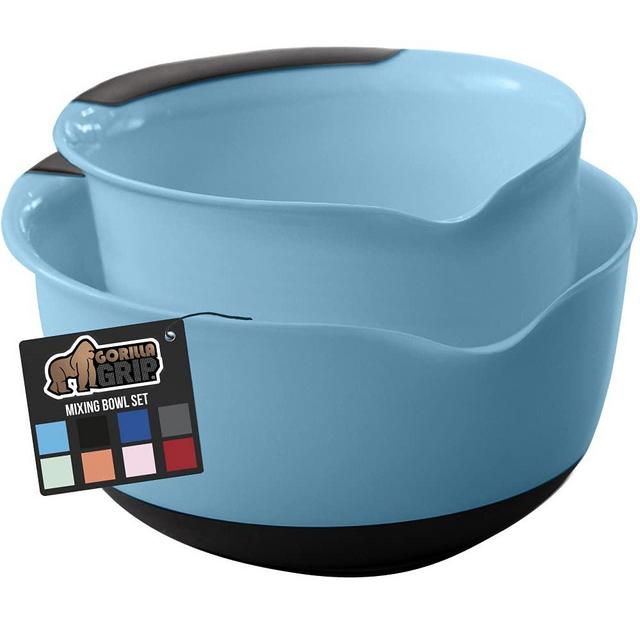 Gorilla Grip Mixing Bowls Set of 2, Slip Resistant Rubber Bottom, Nesting Baking Bowl, Soft Wide Handle, Easy Pour Spout, Electric Mixer and Dishwasher Safe, Kitchen Essentials, 5 QT, 3 Quart, Sky