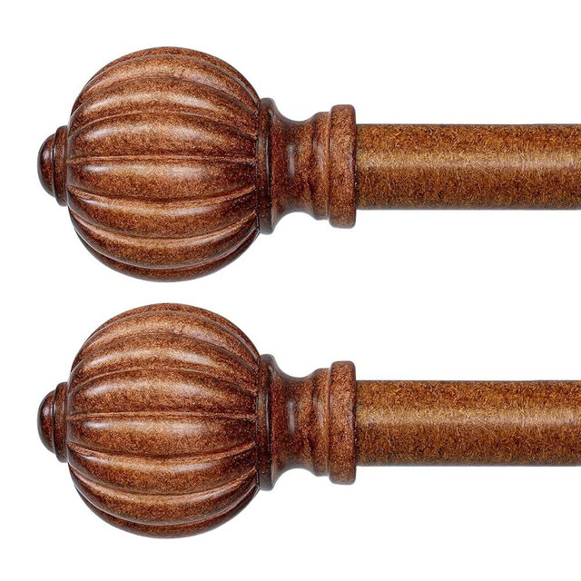 QDWIS 2 Pack Dark Brown Wood Curtain Rods for Windows 28 to 48 Inch, 1'' Adjustable Heavy Duty Curtain Rod，Vintage Imitation Wood Decorative Drapery Rods with Pumpkin Finials for Bedroom Living Room