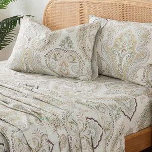 Zusbest Gold Boho Sheets Queen Size 100% Cotton Luxury Beige Paisley Bed Sheet Set Damask Printed Modern Brown Percale Sheets Soft Deep Pocket Fitted Sheet 17.5'', 4 Pcs