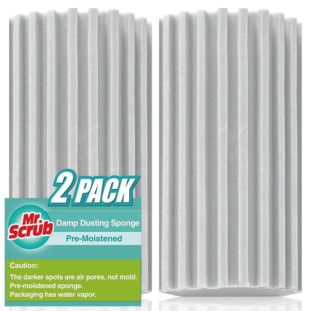 Damp Scrub Dusting Duster Sponges, 2 Pack Grey Dust Cleaning Sponge Supplies for Daddy Mommy, Reusable Household Cleaning Sponge Tool for Blinds, floorboards, Fan Blades, Vents, Glass, Mirrors